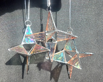Three star Christmas ornaments, iridescent handmade stained glass
