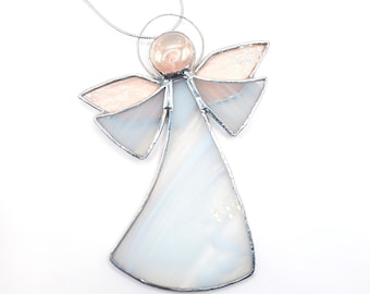Guardian angel, handmade pink stained glass suncatcher