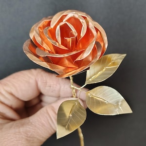 Hand forged copper rose with brass leaves
