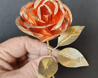 Hand forged copper rose with brass leaves