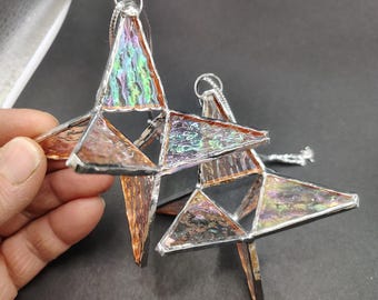 Two star Christmas ornaments, iridescent handmade stained glass