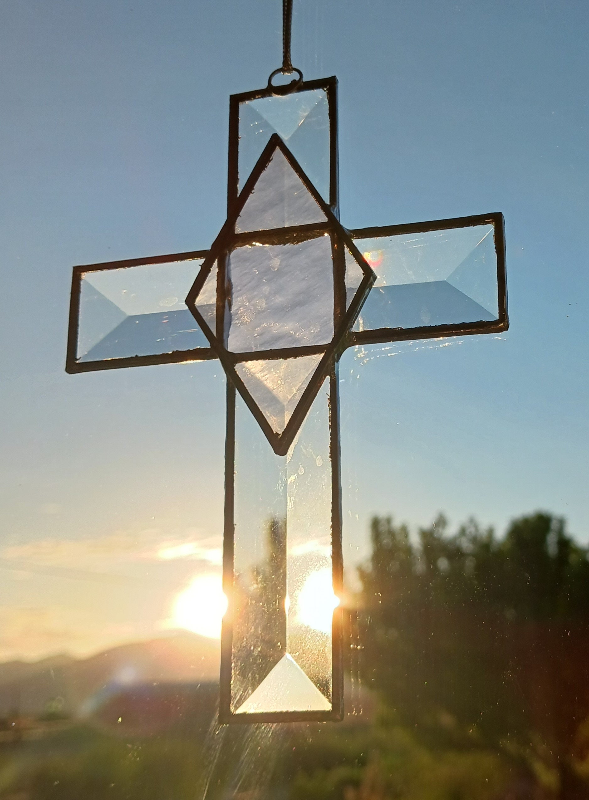 Pink Glass Cross Suncatcher: Christian Gift, Home Decor