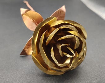 Hand forged brass rose with copper leaves