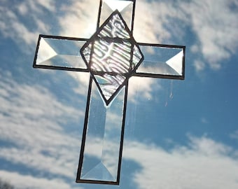 Iridescent prism cross, handmade stained glass suncatcher
