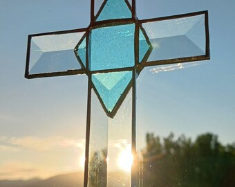 Blue prism cross, handmade stained glass suncatcher