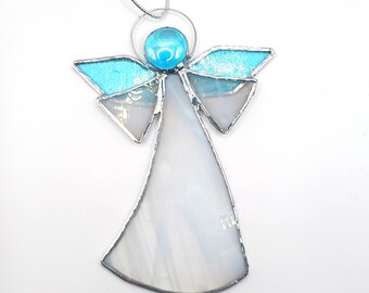 Guardian angel, handmade blue stained glass suncatcher