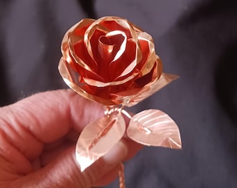 Hand forged copper rose with copper leaves