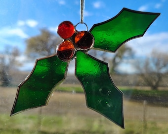 Holly berry Christmas ornament, handmade stained glass suncatcher
