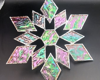 Iridescent snowflake, handmade stained glass Christmas ornament suncatcher