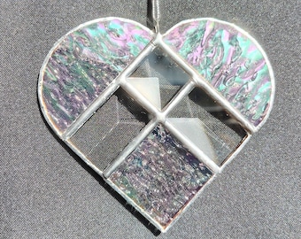 Prism heart suncatcher, handmade iridescent stained glass ornament