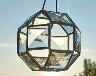 Glass suncatcher clear 12 sided Christmas ornament handmade rhombicuboctahedron bevel glass