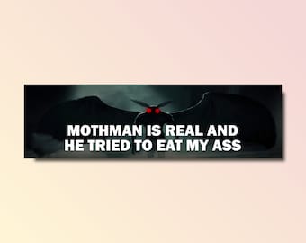 Mothman is real and he tried to eat my ass bumper sticker, funny bumper sticker, silly genz z meme sticker, offensive car sticker