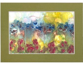 Original encaustic painting, one-of-a-kind monotype encaustic wax on paper, miniature art, abstract flowers landscape, with 5x8 archival mat