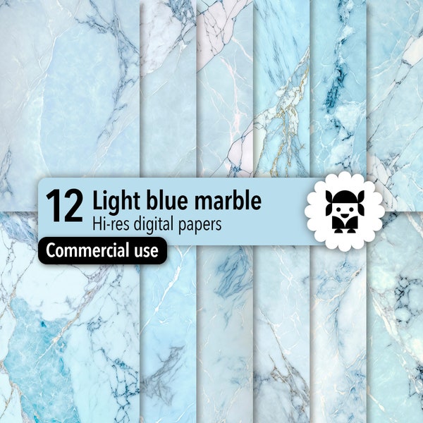 Light blue marble digital papers, luxury stone texture backgrounds, instant download, commercial use.