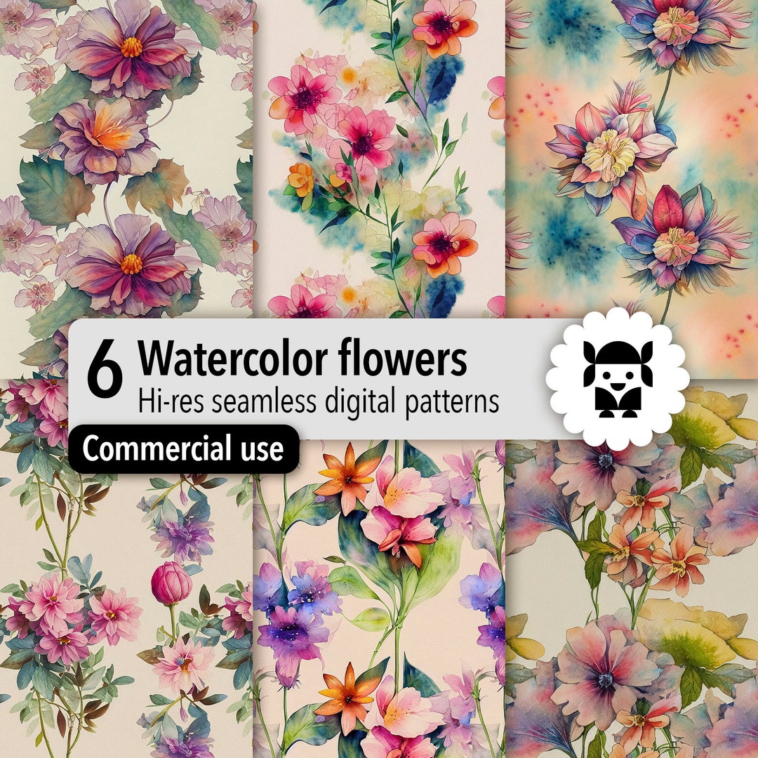 Watercolor Flowers Seamless Patterns Bundle. Floral Digital Papers Pack ...
