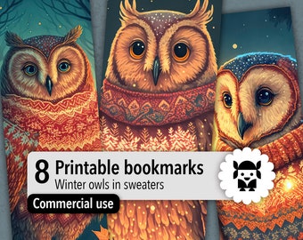 Printable bookmarks bundle with winter owls design. Book lover gift. Instant download digital files, commercial use.