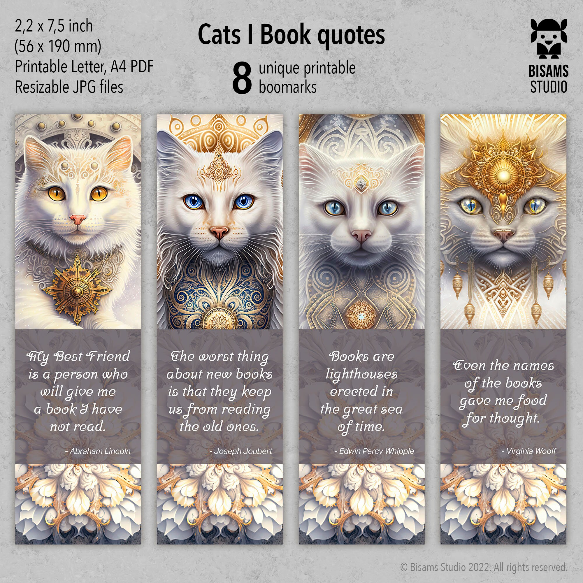 Printable Bookmarks With Mystic Cats Design and Book Quotes. Instant Download Digital Files ...