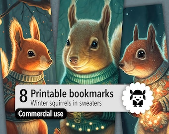 Printable bookmarks bundle with winter squirrels design. Book lover gift. Instant download digital files, commercial use.