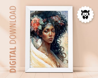 Beautiful flower Afro woman art printable. Boho Black woman wall art. Female power digital poster. The future is female artwork. No9