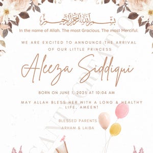 Editable Digital Muslim Baby Girl Announcement Card/ New Babygirl Announcement/Bismillah Bundle of Joy New Parents Announcement Card-Digital