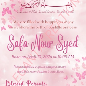 Editable Digital Muslim Baby Girl Announcement Card/ New Babygirl Announcement/Bismillah Bundle of Joy New Parents Announcement Card-Digital