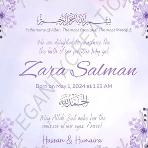 Editable Digital Muslim Baby Girl Announcement Card/ New Babygirl Announcement/Bismillah Bundle of Joy New Parents Announcement Card-Digital