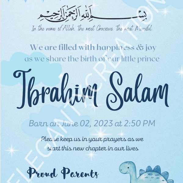 Editable Digital Muslim Baby Boy Announcement Card/ New Baby Boy Announcement/Bismillah Bundle of Joy New Parents Announcement Card-Digital