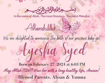 Editable Digital Muslim Baby Girl Announcement Card/ New Babygirl Announcement/Bismillah Bundle of Joy New Parents Announcement Card-Digital