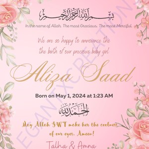 Editable Digital Muslim Baby Girl Announcement Card/ New Babygirl Announcement/Bismillah Bundle of Joy New Parents Announcement Card-Digital
