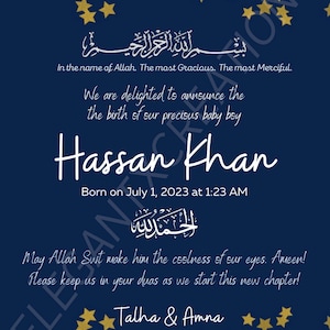 Tarjeta digital editable de anuncio de bebé musulmán/Anuncio de nacimiento de un niño/Tarjeta digital de anuncio de Bismillah Bundle of Joy para nuevos padres