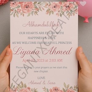 Editable Digital Muslim Baby Girl Announcement Card/ New Babygirl Announcement/Bismillah Bundle of Joy New Parents Announcement Card-Digital