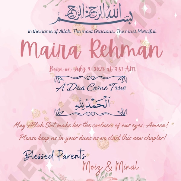 Editable Digital Muslim Baby Girl Announcement Card/ New Babygirl Announcement/Bismillah Bundle of Joy New Parents Announcement Card-Digital