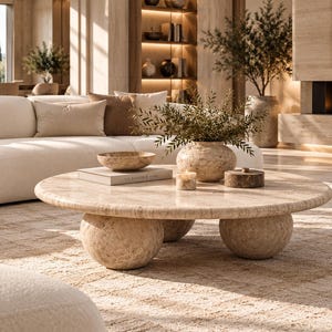 Pode incluir: Uma mesa de centro redonda em travertino bege com um tampo circular liso apoiado sobre três pernas grandes em forma de esfera. A mesa é feita de pedra natural com texturas porosas visíveis e variações de cor creme, areia e bege claro.