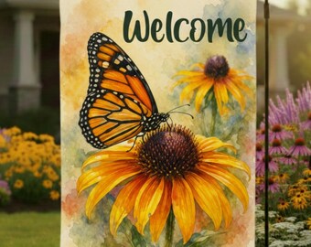 Monarch Butterfly Welcome Garden Flag | Watercolor Coneflower Yard Sign Gift | Spring Summer Butterfly Native Garden Wildflower Decor