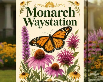 Monarch Waystation Garden Flag, Pollinator Native Plant Garden Sign, Purple Coneflower Milkweed Butterfly Habitat Yard Decor, Nature Gift