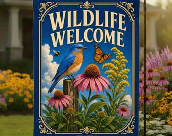Wildlife Welcome Garden Flag, Bluebird Monarch Butterfly Bumble Bee Wildflowers, Bird Lover Gift, Welcome Garden Flag Outdoor Decor