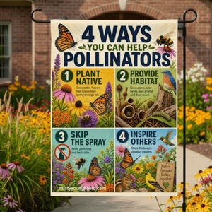 Puede incluir: Una bandera de jardín rectangular con el texto 4 WAYS YOU CAN HELP POLLINATORS. El diseño está dividido en cuatro secciones que ilustran consejos para ayudar a abejas y mariposas, incluyendo flores coloridas, insectos y aves.