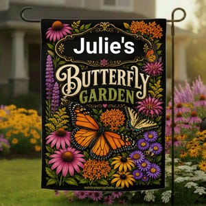 Personalized Butterfly Garden Flag | Custom Name Garden Flag Garden Butterflies Monarch Butterfly Dark Botanical Yard Decor Gift