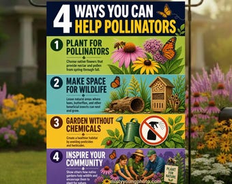 4 Ways to Help Pollinators Garden Flag - Native Flowers, Pesticide Free Habitat and Wildlife Sign for Bees, Butterflies and Gardens