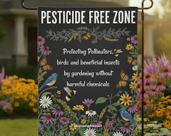 Pollinator Garden Flag Pesticide Free Zone | Bee Garden Sign | Save the Bees Native Plant Flag | Butterfly Conservation Gift Nature Lovers