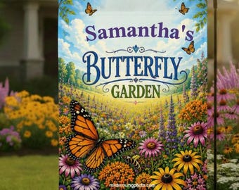 Personalized Butterfly Garden Flag, Custom Name Monarch Wildflower Flag, Grandma Birthday Gift, Butterfly Garden Sign Custom