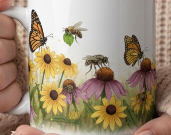 Panoramic Garden Insects Mug, Monarch Butterfly Tiger Swallowtail Bees Mug, Native Flowers Coffee Mug Gift for Her, Double Sided Ceramic Mug