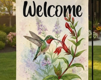 Hummingbird Welcome Garden Flag | Watercolor Hummingbird Yard Sign Gifts | Cardinal Flower Wildflower Native Garden Welcome Sign Decor Gift