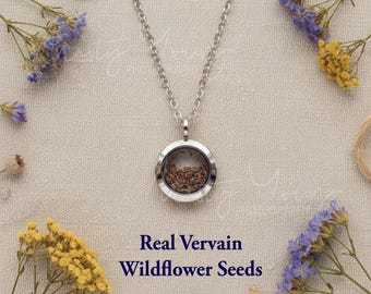 Vervain Wildflower Necklace with Real Seeds, Dried Flowers Floriography Jewelry for Her, Healing Prayer Protection Gift for Nature Lovers