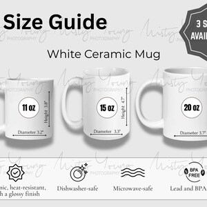 Ceramic mug size chart showing three available size options for the Bee Happy mug design. Chart displays 11 oz, 15 oz, and 20 oz ceramic mugs with clear height and diameter measurements for each size. Helps shoppers compare mug capacity and dimensions before purchase. Ideal reference for coffee, tea, or cocoa drinkers choosing the perfect size. Designed for nature lovers, gardeners, pollinator supporters, and gift buyers seeking accurate sizing information for glossy ceramic mugs.