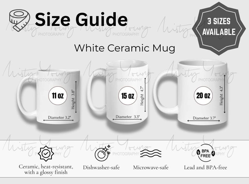 Ceramic mug size chart showing three available size options for the Bee Happy mug design. Chart displays 11 oz, 15 oz, and 20 oz ceramic mugs with clear height and diameter measurements for each size. Helps shoppers compare mug capacity and dimensions before purchase. Ideal reference for coffee, tea, or cocoa drinkers choosing the perfect size. Designed for nature lovers, gardeners, pollinator supporters, and gift buyers seeking accurate sizing information for glossy ceramic mugs.