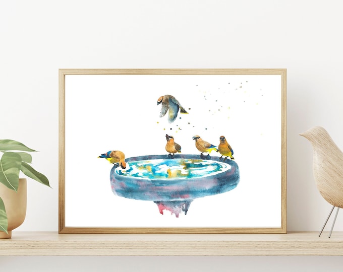 Featured listing image: Chatty Waxwings - Watercolor Print