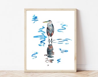 Blue Heron Reflection - Watercolor Art Print