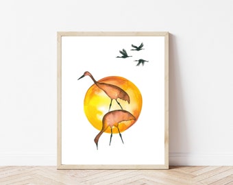 Cranes at Sunset - Watercolor Print