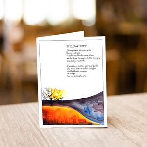 May include: A watercolor painting of an oak tree with a sun shining behind it. The painting is on a white card with the text "THE OAK TREE" and a poem about the oak tree.